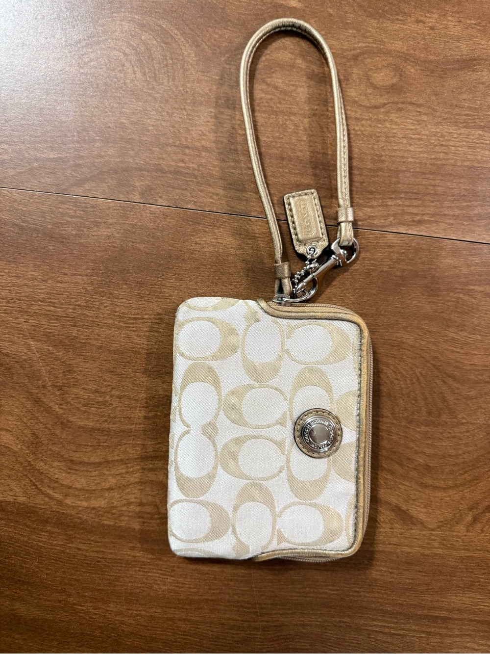 Coach Signature Wristlet in Beige and Cream